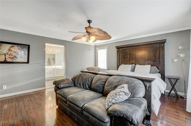 bedroom with crown molding, baseboards, ceiling fan, and wood finished floors