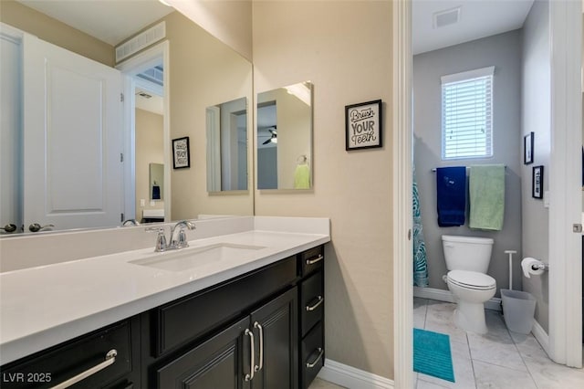 bathroom featuring visible vents, vanity, toilet, and baseboards