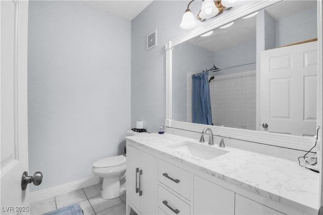 full bathroom with visible vents, baseboards, toilet, tile patterned flooring, and vanity