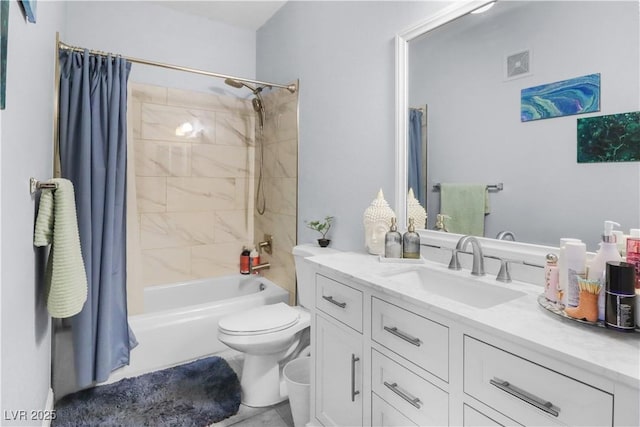 full bath with toilet, shower / bath combo, visible vents, and vanity