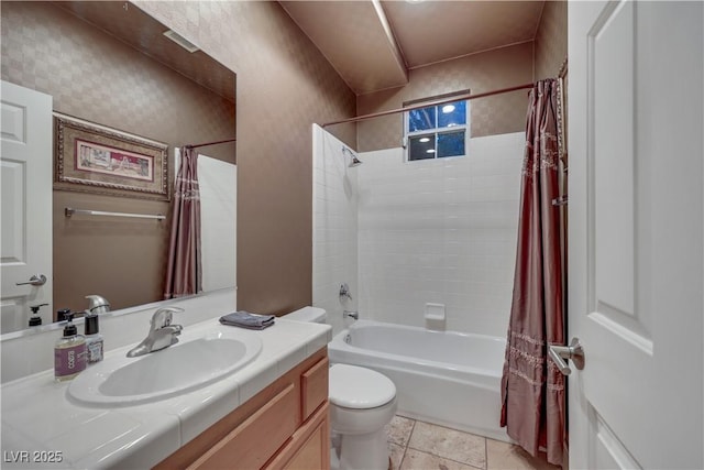 full bathroom featuring shower / bath combination with curtain, vanity, and toilet