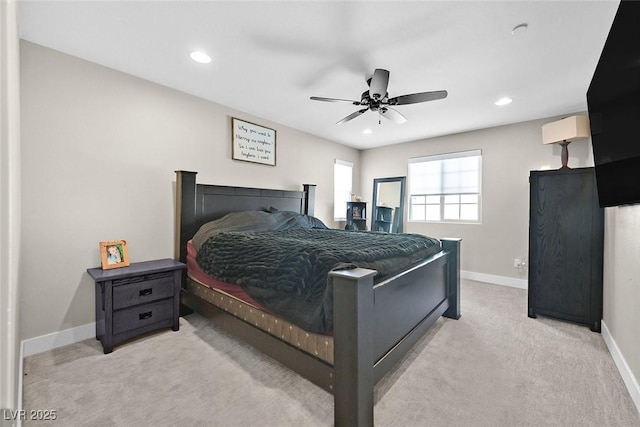 bedroom featuring baseboards, recessed lighting, a ceiling fan, and light colored carpet