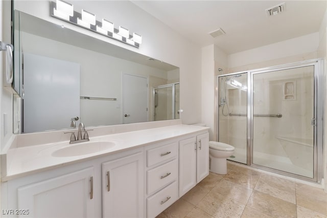 bathroom with toilet, visible vents, a stall shower, and vanity