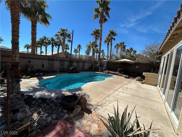 view of pool featuring a patio, a fenced backyard, and a fenced in pool