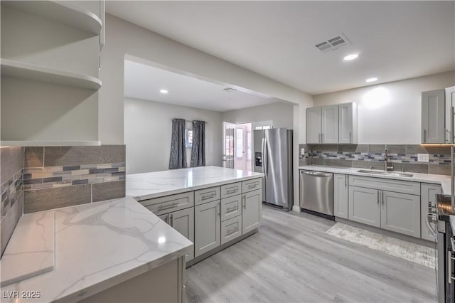 kitchen with gray cabinetry, a sink, visible vents, appliances with stainless steel finishes, and open shelves