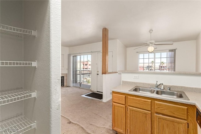 kitchen featuring light carpet, a ceiling fan, light countertops, and a sink