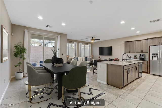 dining area with recessed lighting, visible vents, baseboards, and light tile patterned floors