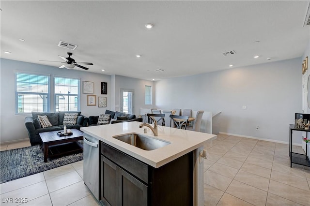 kitchen featuring a sink, visible vents, open floor plan, light countertops, and stainless steel dishwasher