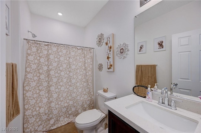 full bathroom with vanity, toilet, and a shower with curtain