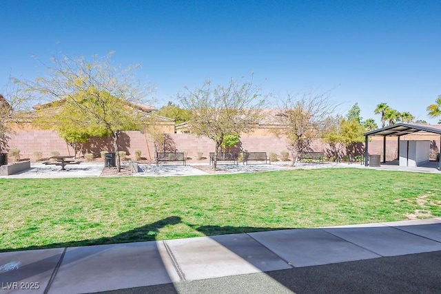 view of yard with a gazebo, a patio area, and a fenced backyard