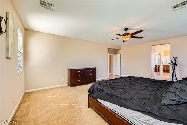 bedroom featuring light carpet, visible vents, a ceiling fan, and baseboards