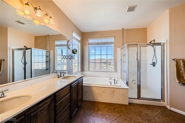 full bathroom featuring visible vents, a stall shower, and a sink