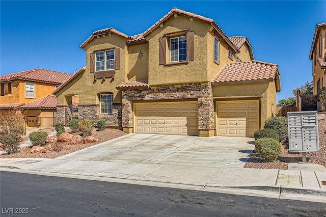 mediterranean / spanish-style house with stone siding, stucco siding, and a tile roof