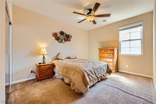 bedroom with visible vents, ceiling fan, baseboards, and carpet