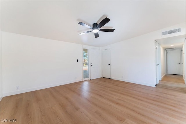 empty room featuring light wood-style floors, baseboards, visible vents, and a ceiling fan