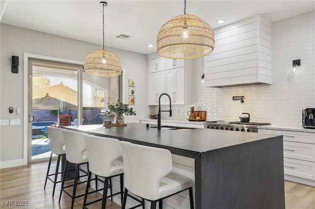 kitchen featuring light wood-style floors, stove, backsplash, and a sink