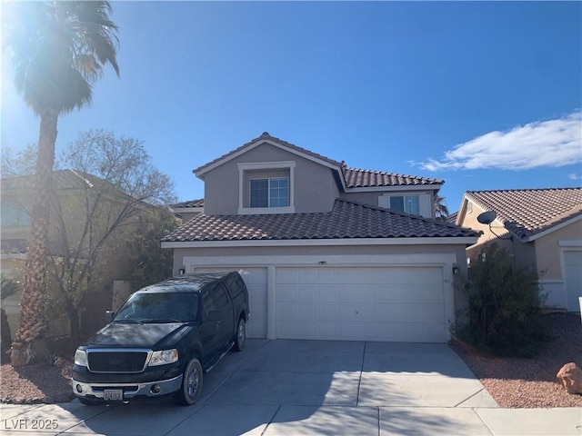 traditional home with a tiled roof, stucco siding, and driveway