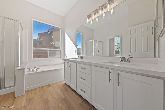 bathroom featuring wood finished floors, a stall shower, plenty of natural light, and a sink