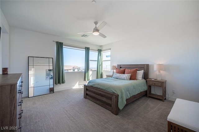 bedroom featuring carpet, visible vents, ceiling fan, and baseboards