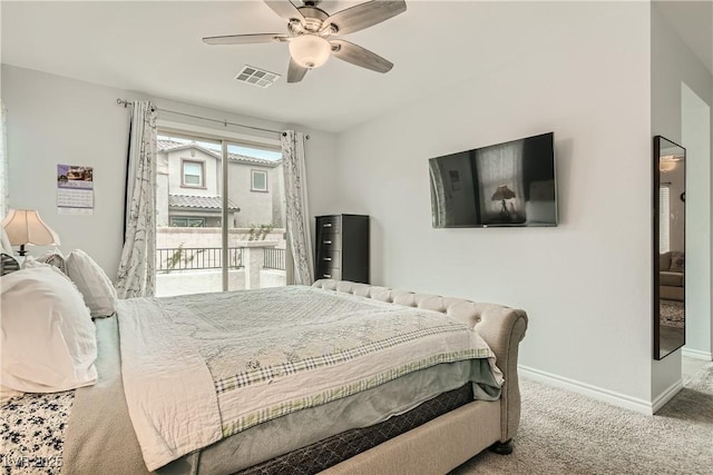 bedroom with ceiling fan, carpet floors, visible vents, baseboards, and access to exterior