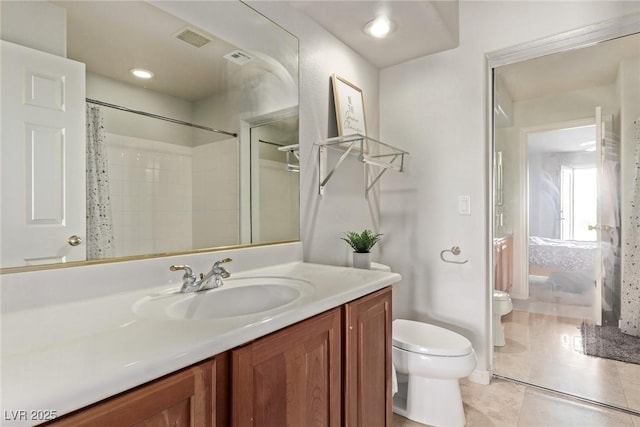 full bathroom featuring toilet, a shower with curtain, visible vents, tile patterned flooring, and vanity