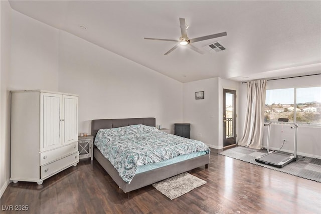 bedroom featuring a ceiling fan, access to exterior, visible vents, baseboards, and dark wood-type flooring