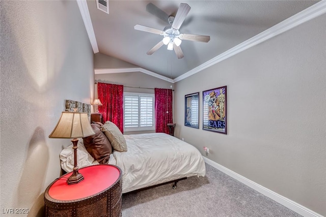 carpeted bedroom with ceiling fan, visible vents, baseboards, vaulted ceiling, and ornamental molding