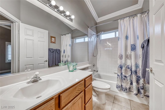 bathroom with toilet, ornamental molding, tile patterned flooring, shower / bathtub combination with curtain, and vanity