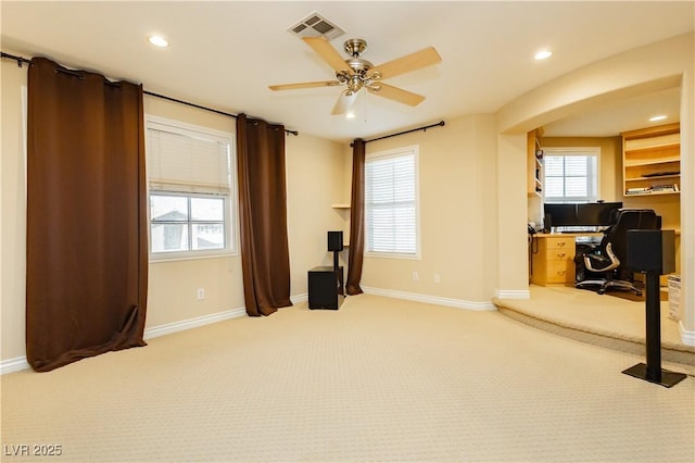 office area with light carpet, recessed lighting, visible vents, and baseboards