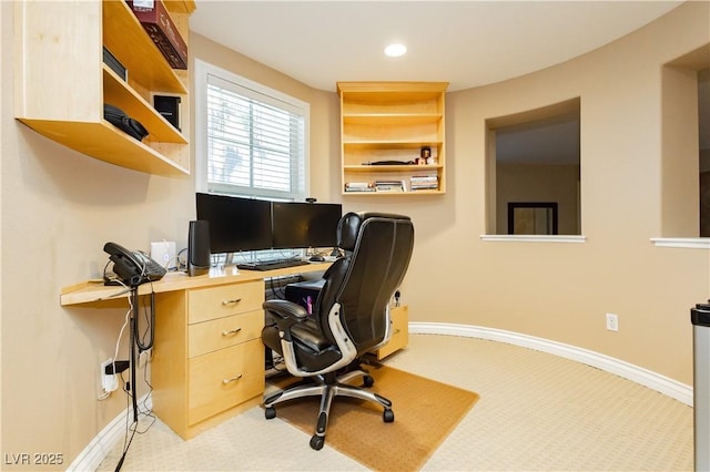 office area featuring light carpet, baseboards, and recessed lighting