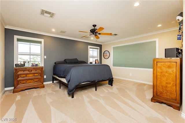 bedroom featuring light carpet, visible vents, and crown molding