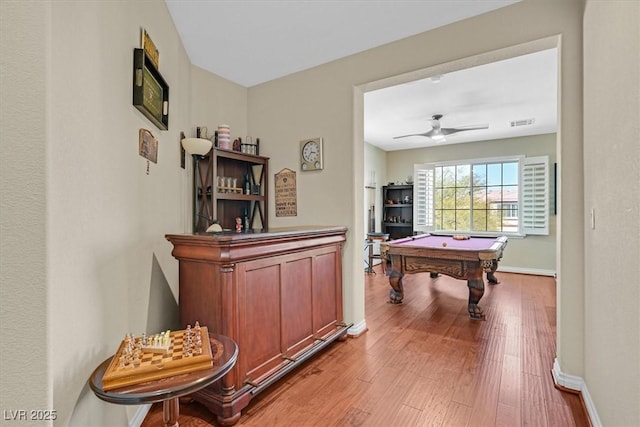 game room with ceiling fan, pool table, wood finished floors, and baseboards