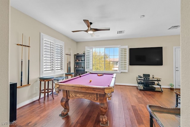 playroom with billiards, ceiling fan, wood finished floors, and visible vents