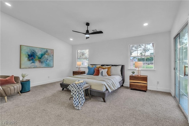 carpeted bedroom with recessed lighting, baseboards, a ceiling fan, and vaulted ceiling