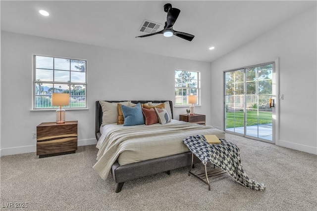 carpeted bedroom with visible vents, recessed lighting, baseboards, access to exterior, and vaulted ceiling