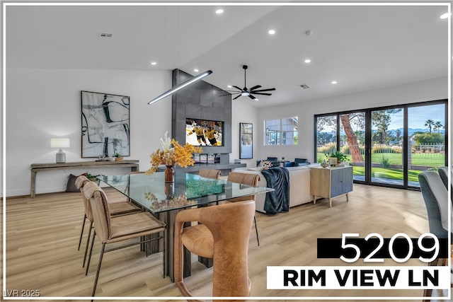 dining room with recessed lighting, visible vents, light wood-style flooring, and a ceiling fan