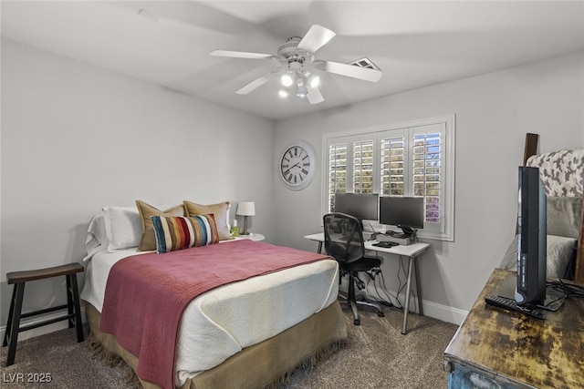 carpeted bedroom with a ceiling fan, visible vents, and baseboards