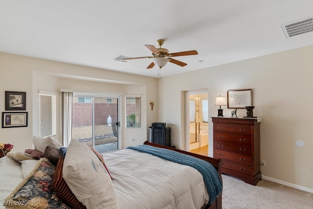 bedroom featuring light carpet, visible vents, baseboards, and access to outside