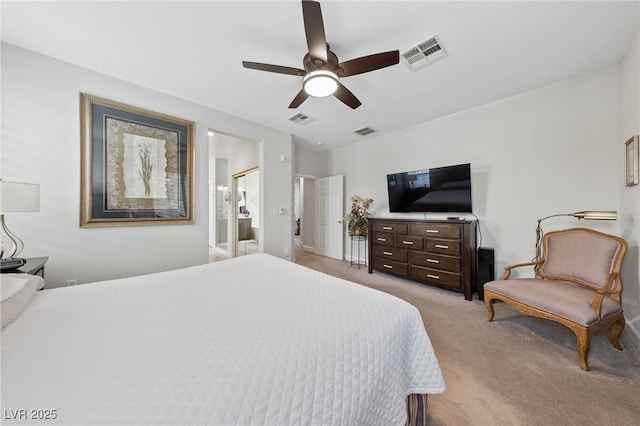 bedroom featuring light colored carpet, visible vents, and ceiling fan