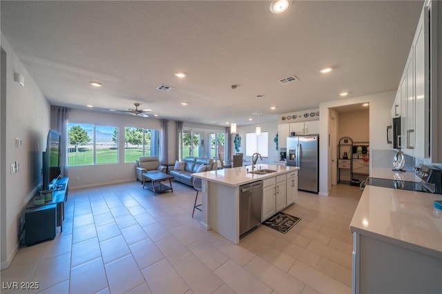 4400 E Cactus Canyon Dr, Pahrump, NV 89061 - kitchen featuring stainless steel appliances, open floor plan, visible vents, and a sink