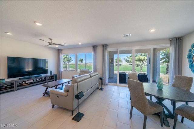 4400 E Cactus Canyon Dr, Pahrump, NV 89061 - living area featuring visible vents, a ceiling fan, and recessed lighting