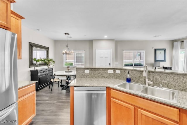 kitchen with a wealth of natural light, stainless steel appliances, a sink, and wood finished floors