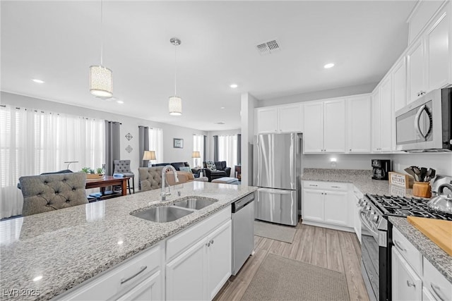 kitchen featuring a sink, visible vents, white cabinets, open floor plan, and appliances with stainless steel finishes