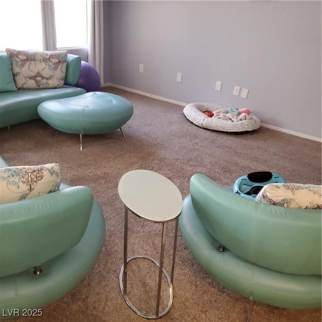 living area with baseboards and carpet flooring