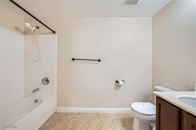 full bath with vanity, visible vents, baseboards, tub / shower combination, and toilet