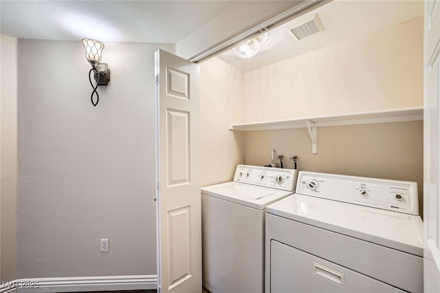 laundry room with visible vents, independent washer and dryer, and laundry area