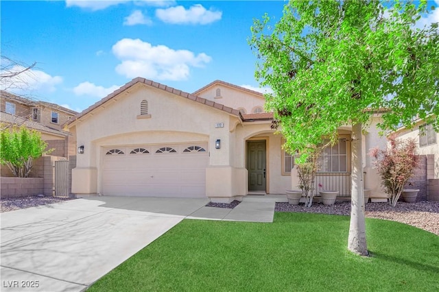 mediterranean / spanish house with stucco siding, a front yard, a garage, driveway, and a tiled roof