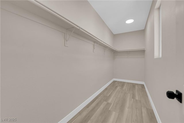 walk in closet with light wood finished floors