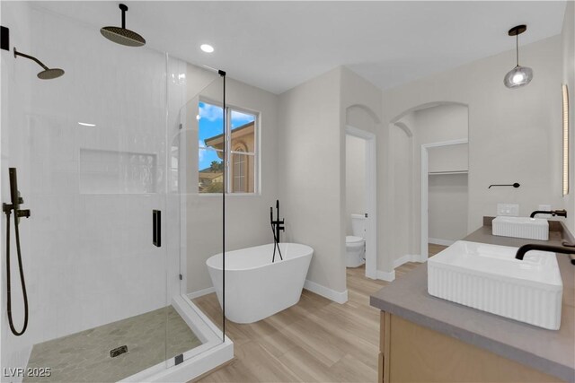 bathroom with a stall shower, baseboards, a soaking tub, wood finished floors, and vanity