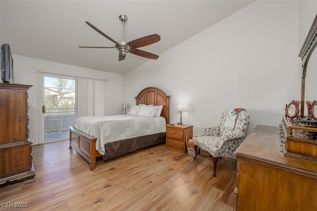 bedroom with lofted ceiling, ceiling fan, light wood-type flooring, and access to exterior